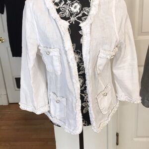 KAREN KANE size large white 100% linen  jacket pearl rhinestone buttons
